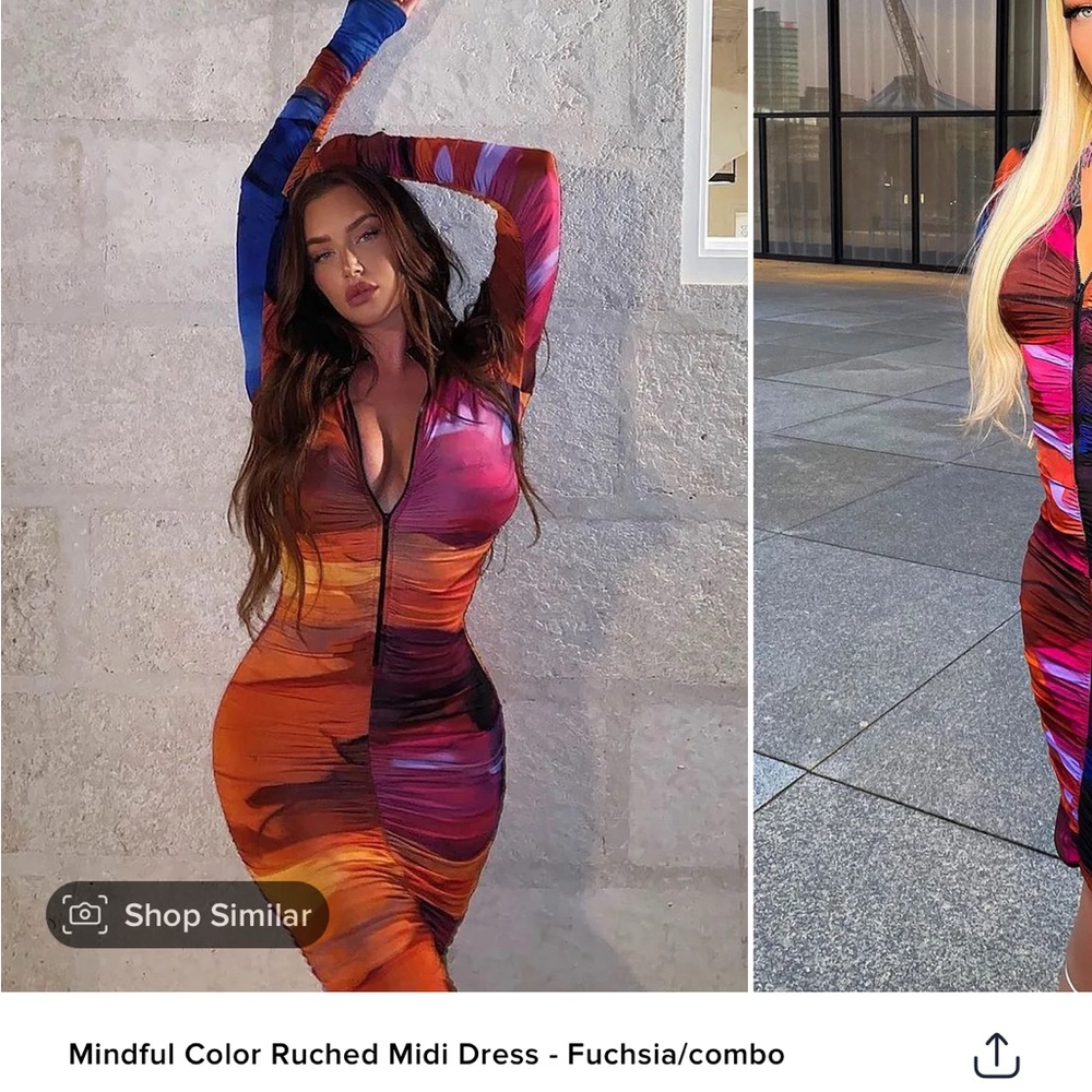 Mindful Color Ruched Midi Dress - Fuchsia/combo